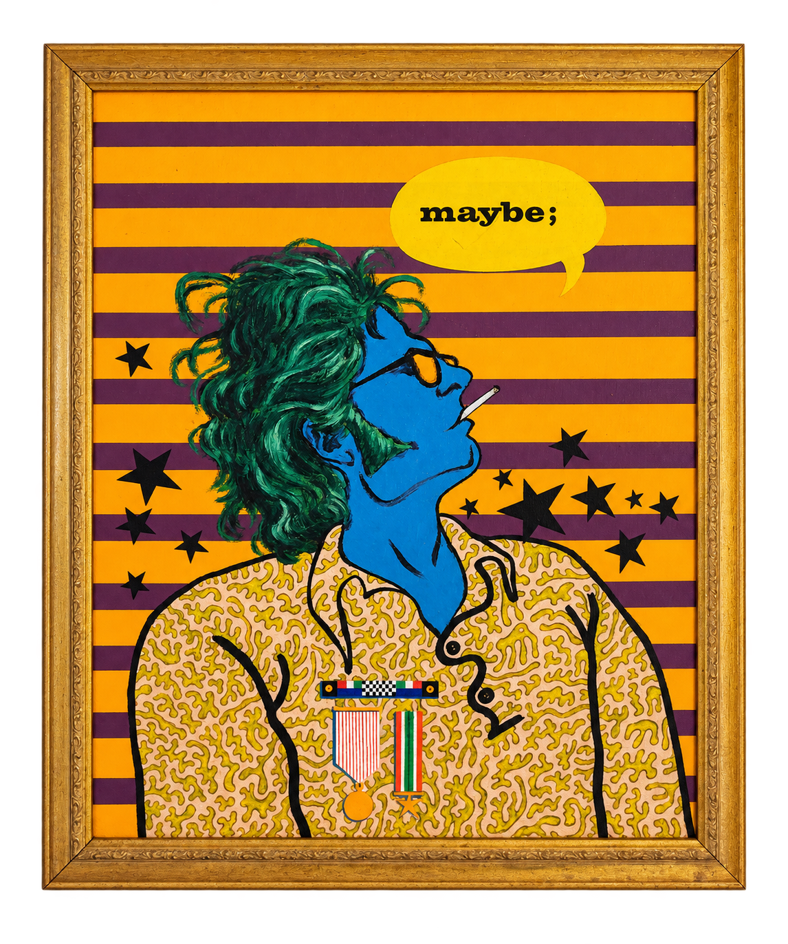 Framed painted portrait with a blue face, green hair, patterned shirt, and a speech bubble reading maybe.
